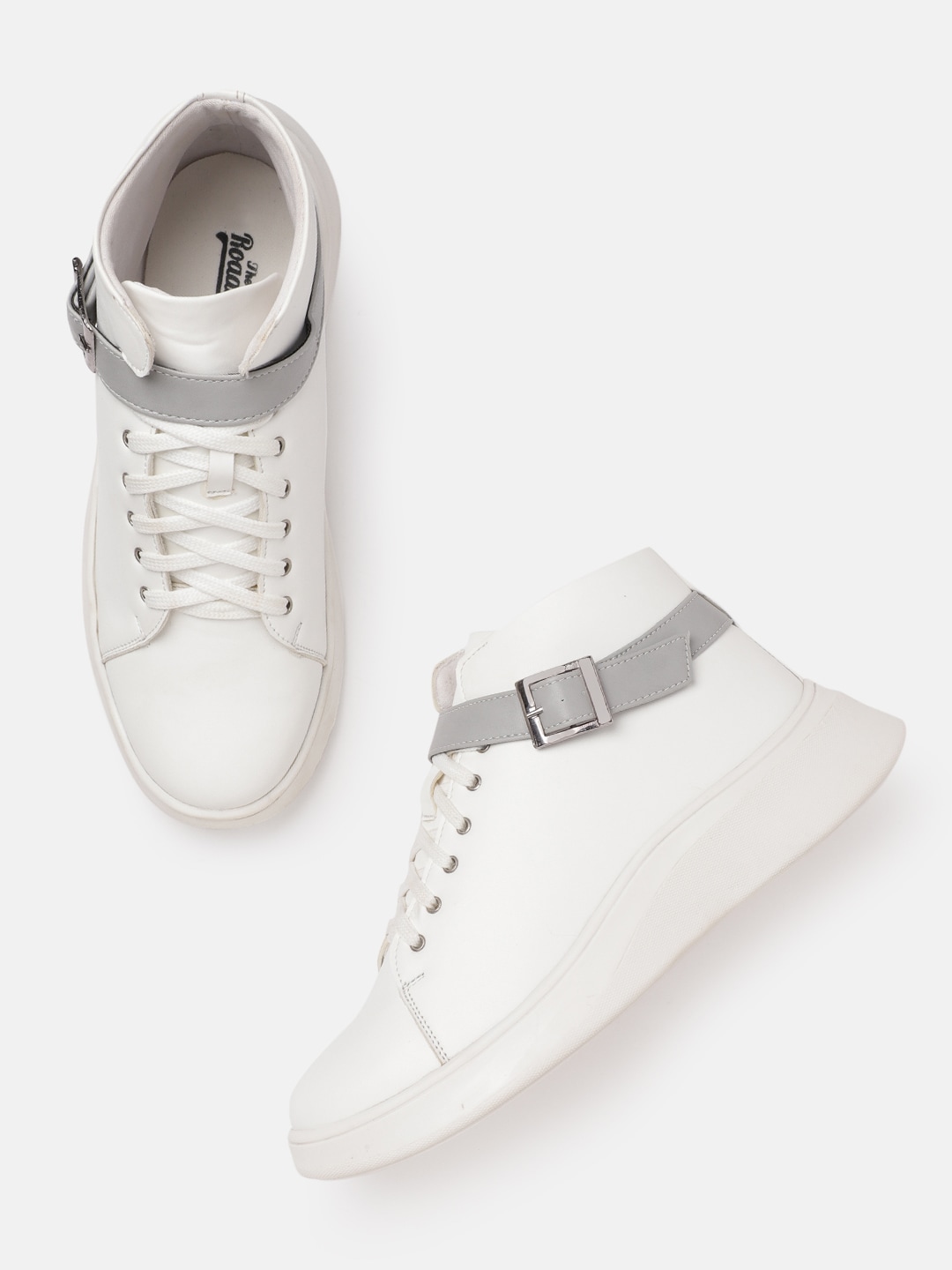 Roadster Women White & Grey Solid Flatform Sneakers with Buckle Detail Price in India