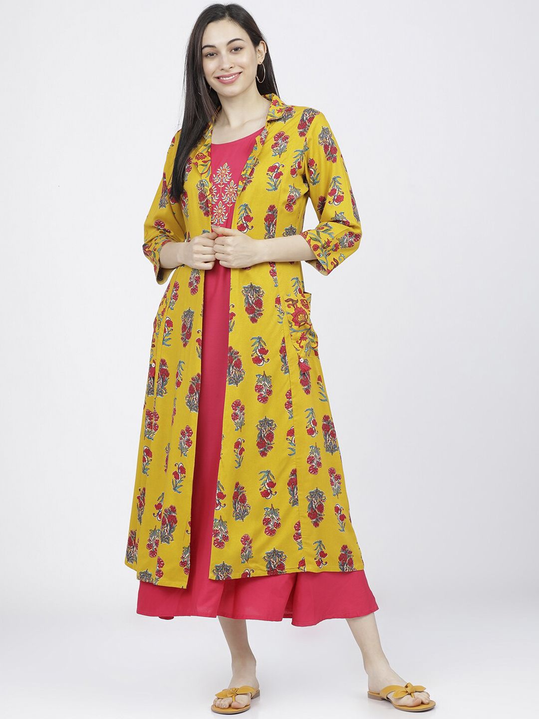 Vishudh Mustard Yellow & Pink Solid Maxi Length Sleeveless Dress With Printed Jacket