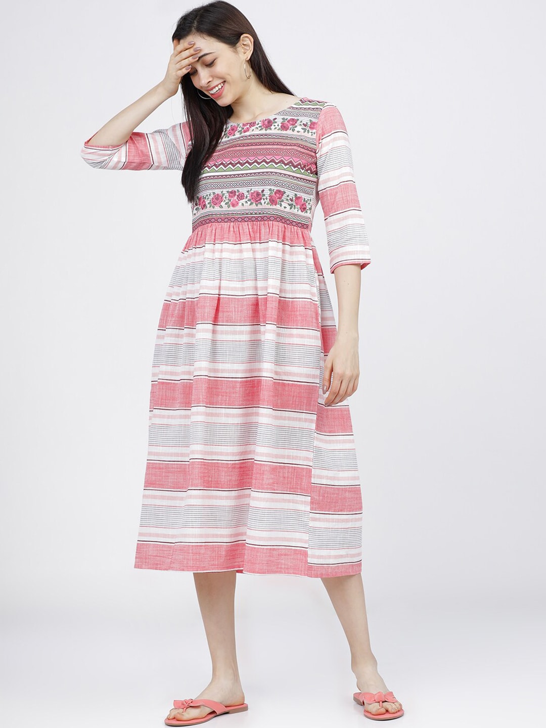 Vishudh Women Cream-Coloured Striped Fit & Flare Midi Dress Price in India