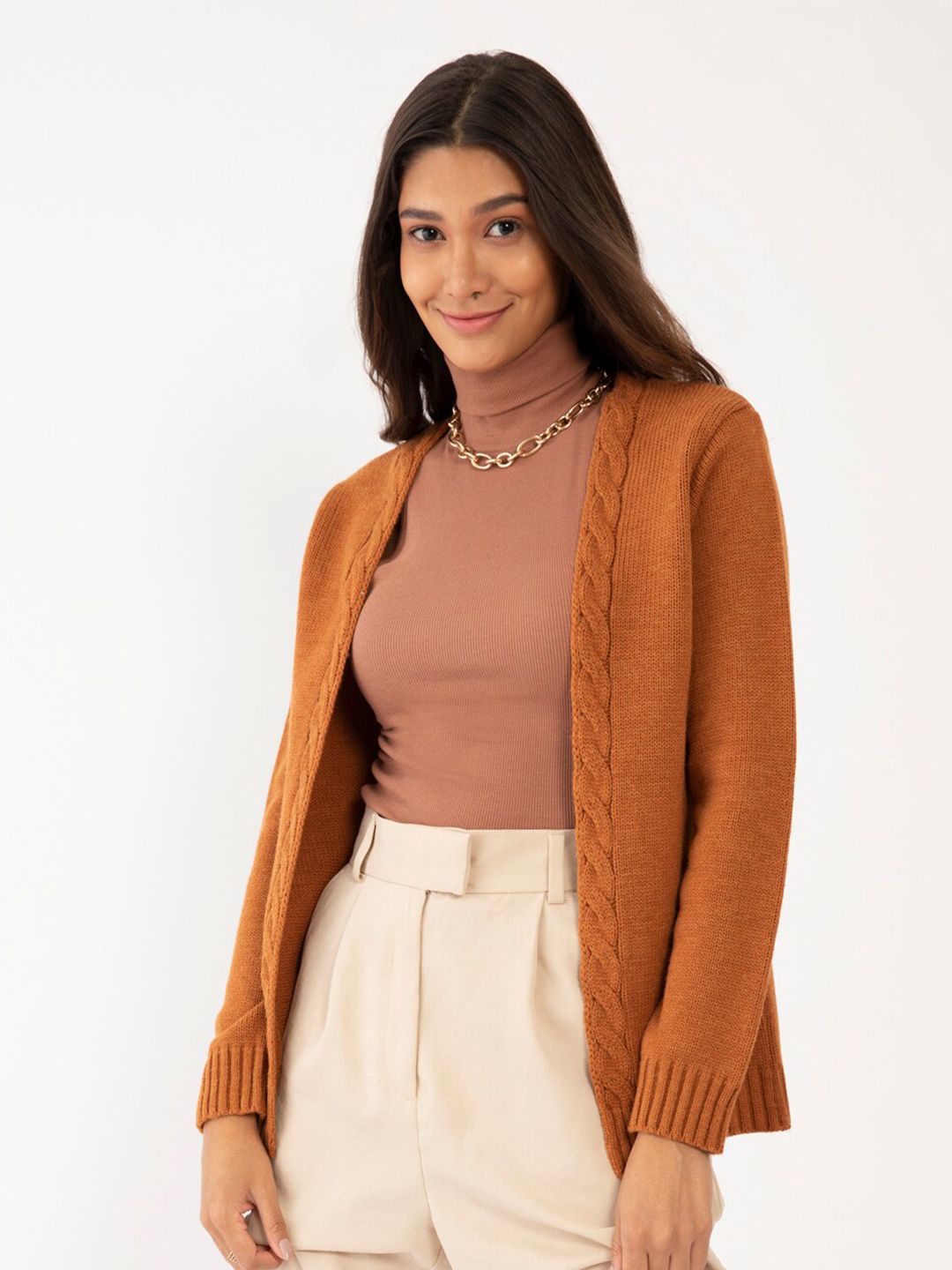 Zink London Women Camel Brown Solid Acrylic Open Front Shrug Price in India