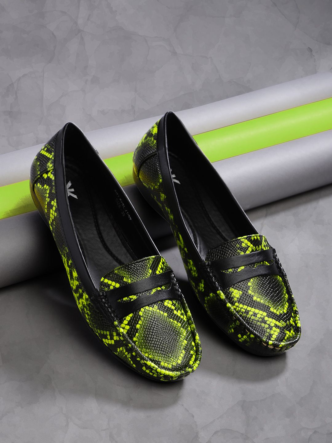 Kook N Keech Women Fluorescent Green & Black Snakeskin Textured Penny Loafers Price in India