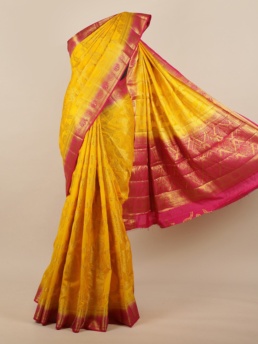 Pothys Yellow & Pink Ethnic Motifs Woven design Zari Jute Silk Saree