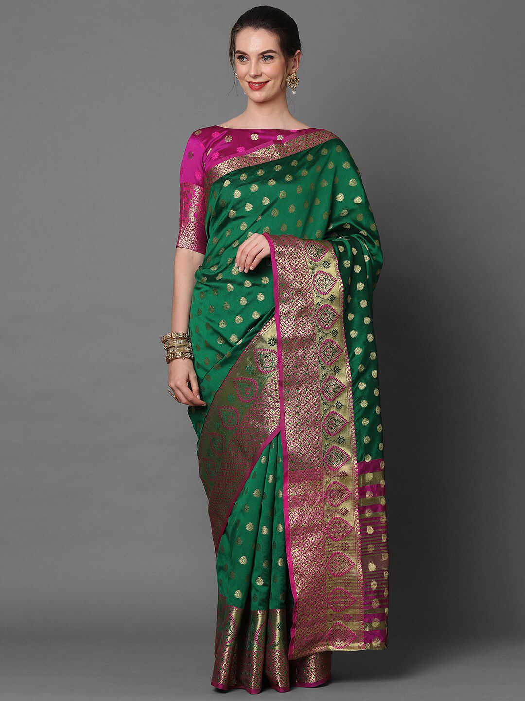 Mitera Women Green & Pink Ethnic Motifs Woven Design Banarasi Saree Price in India