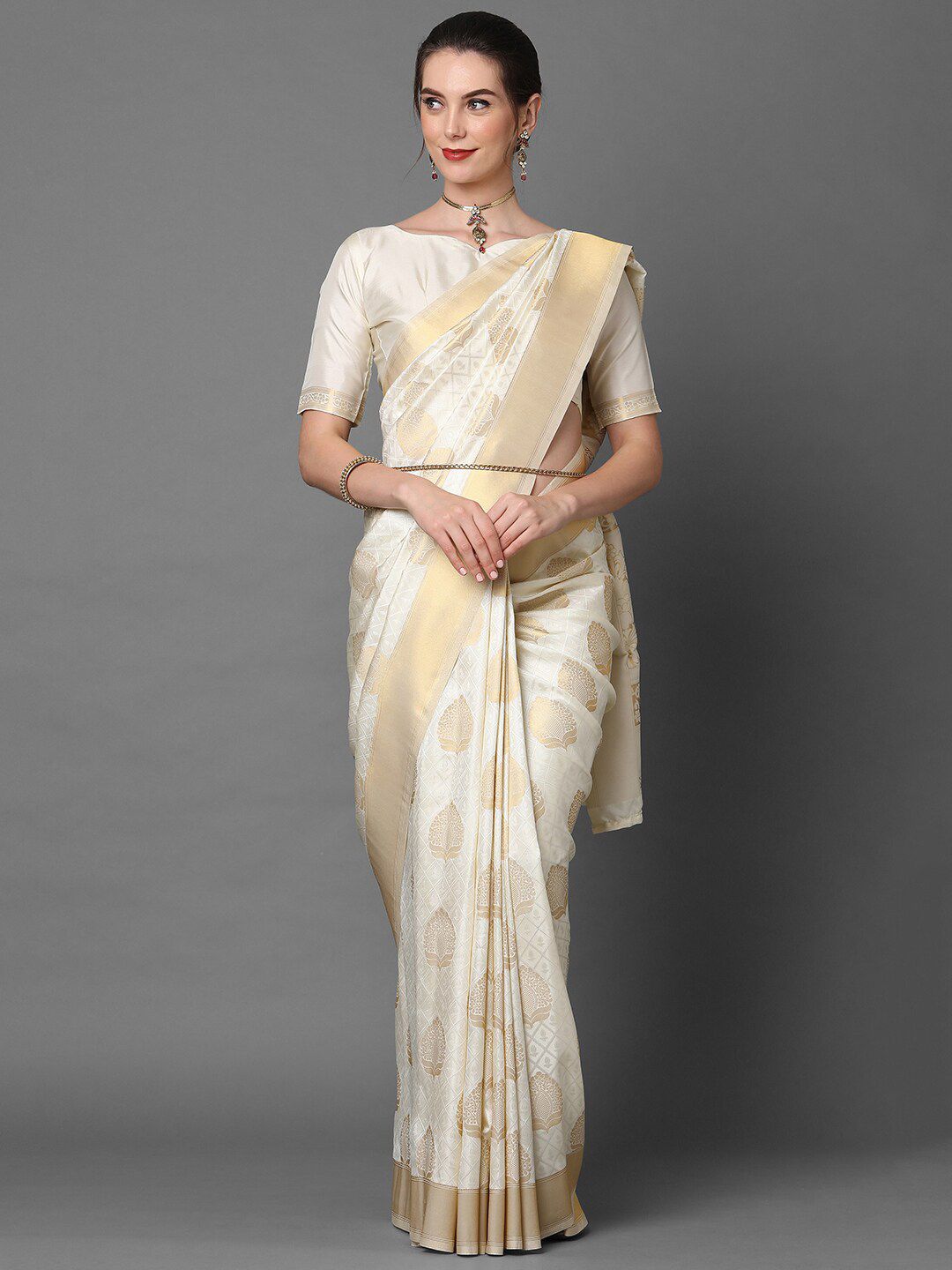 Mitera Cream & Gold-Coloured Ethnic Motifs Zari Woven Design Silk Blend Banarasi Saree Price in India