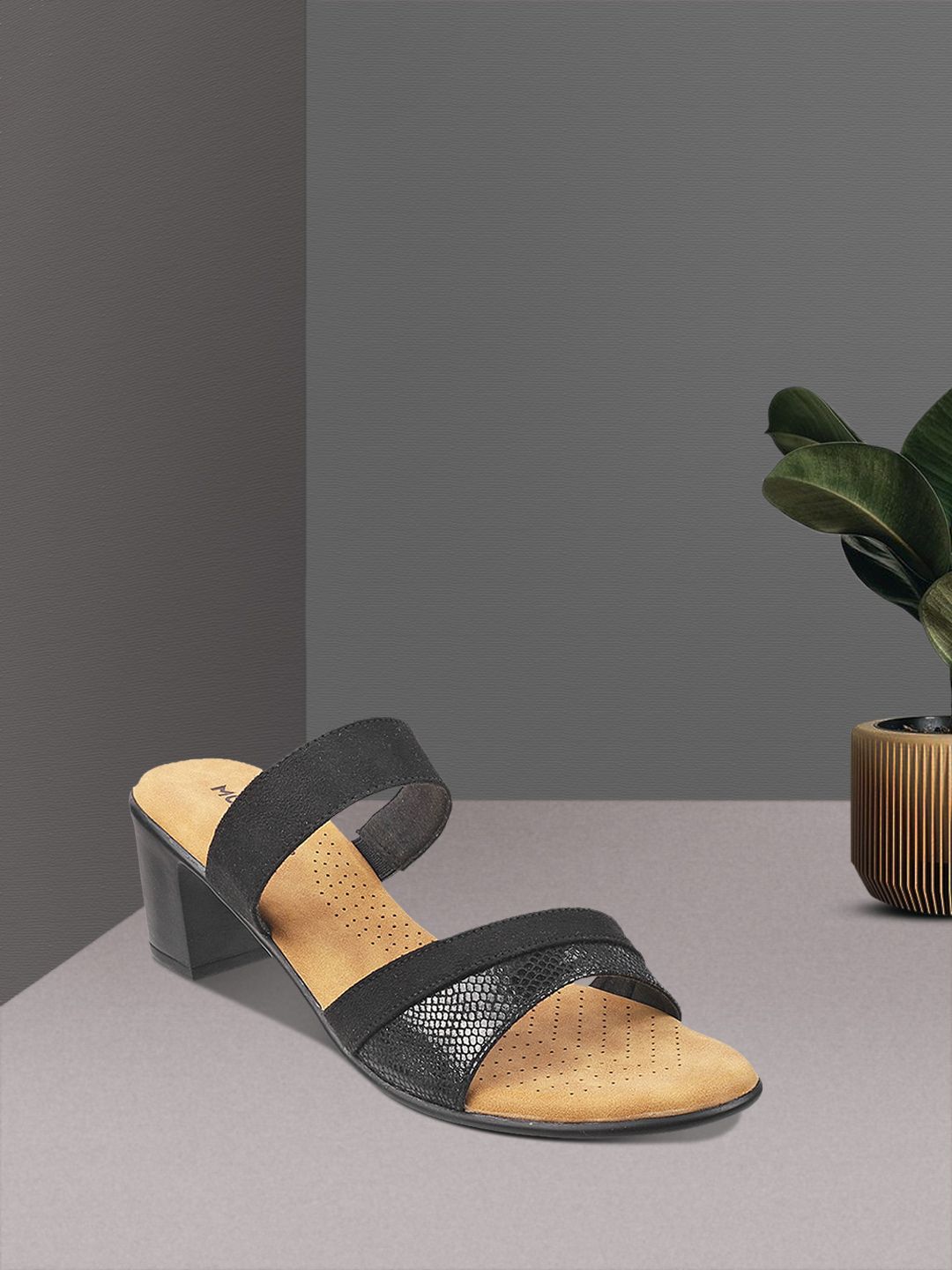 Mochi Black Textured Block Sandals