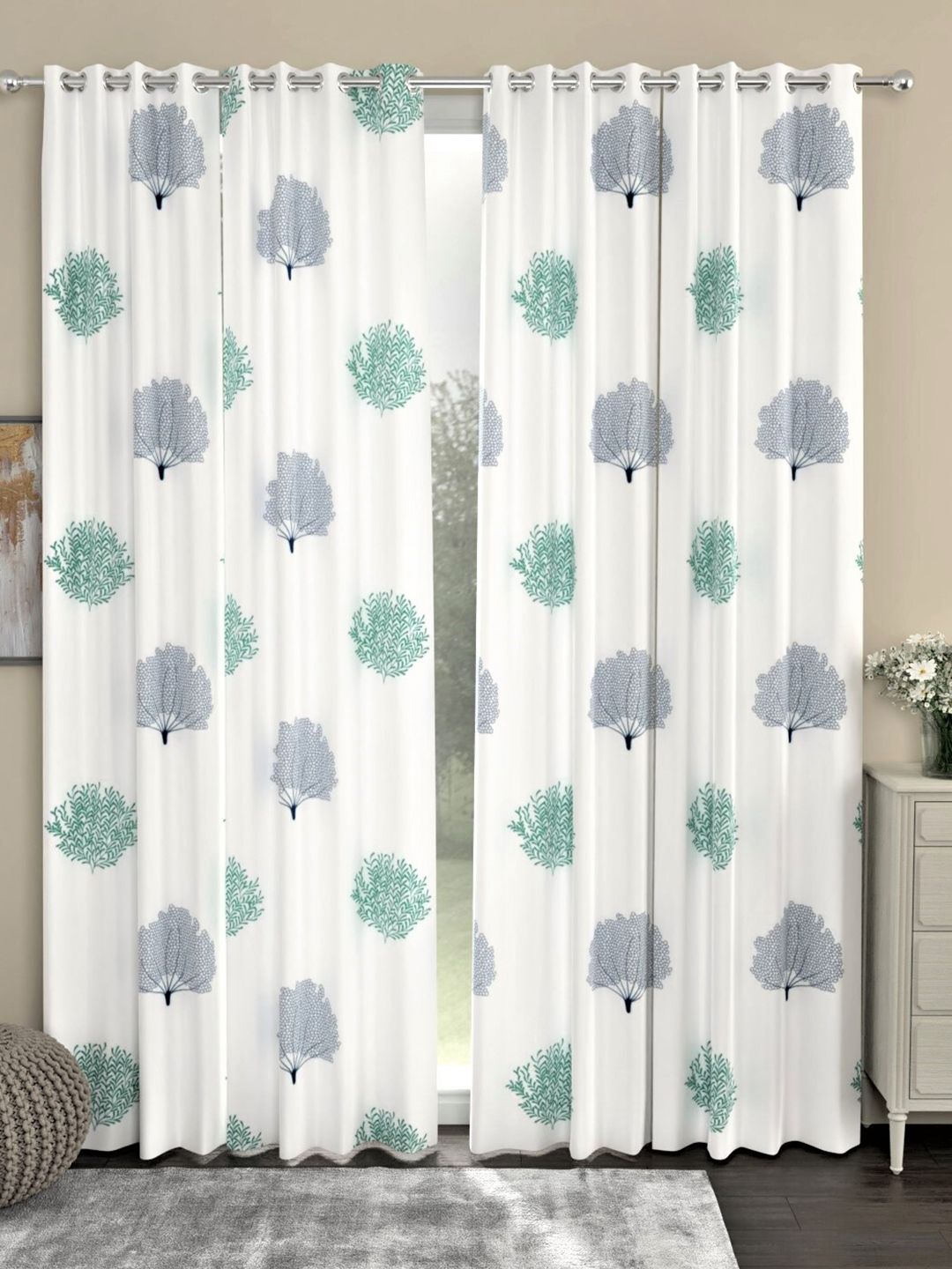 URBAN SPACE White & Green Set of 2 Quirky Long Door Curtain Price in India