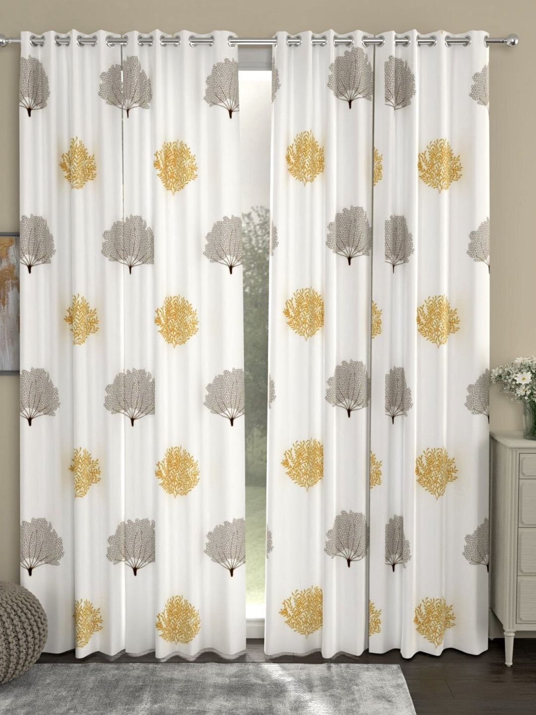 URBAN SPACE Brown & White Set of 2 Floral Long Door Curtain Price in India