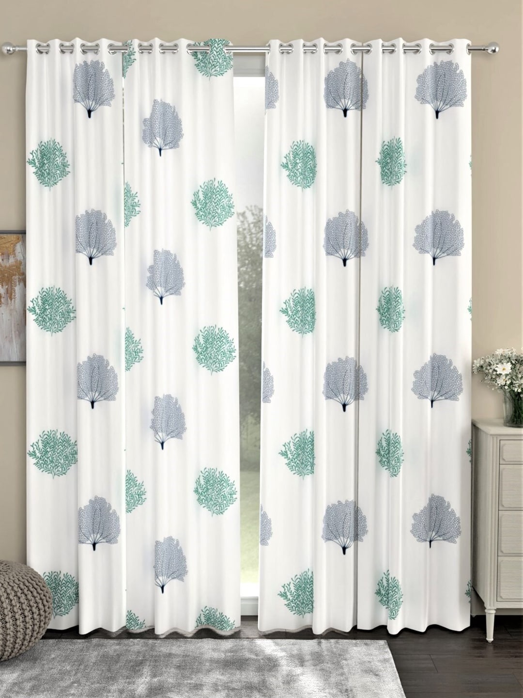 URBAN SPACE White & Green Set of 2 Floral Door Curtain Price in India
