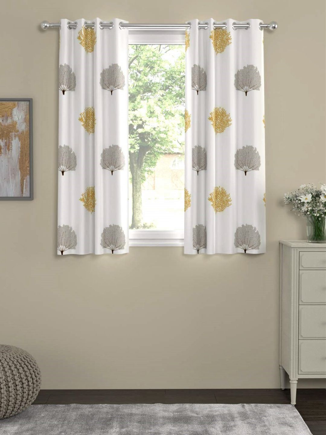 URBAN SPACE White & Brown Set of 2 Quirky Window Curtain Price in India