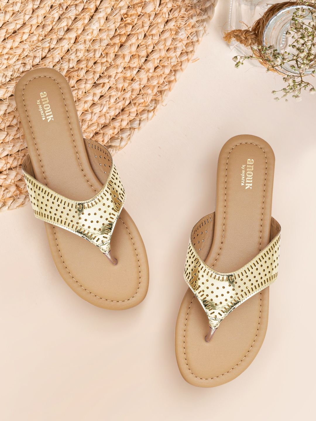 Anouk Women Gold-Toned Handcrafted Open Toe Flats with Laser Cuts Price in India