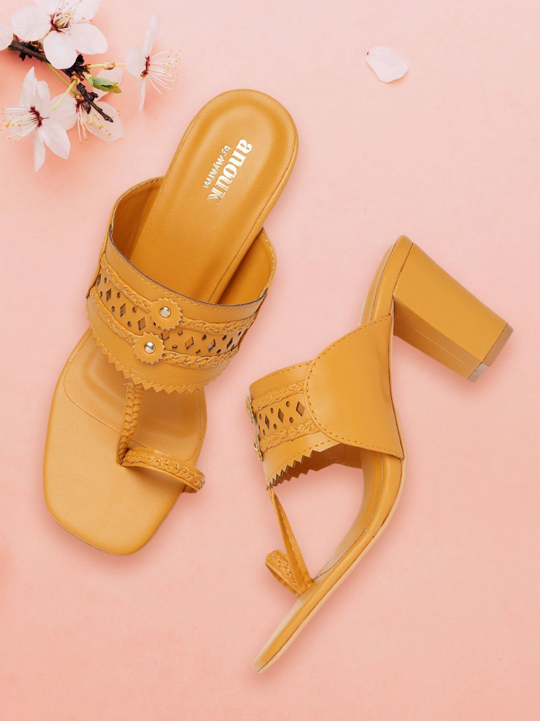 Anouk Mustard Yellow Laser Cut Block Heels Price in India