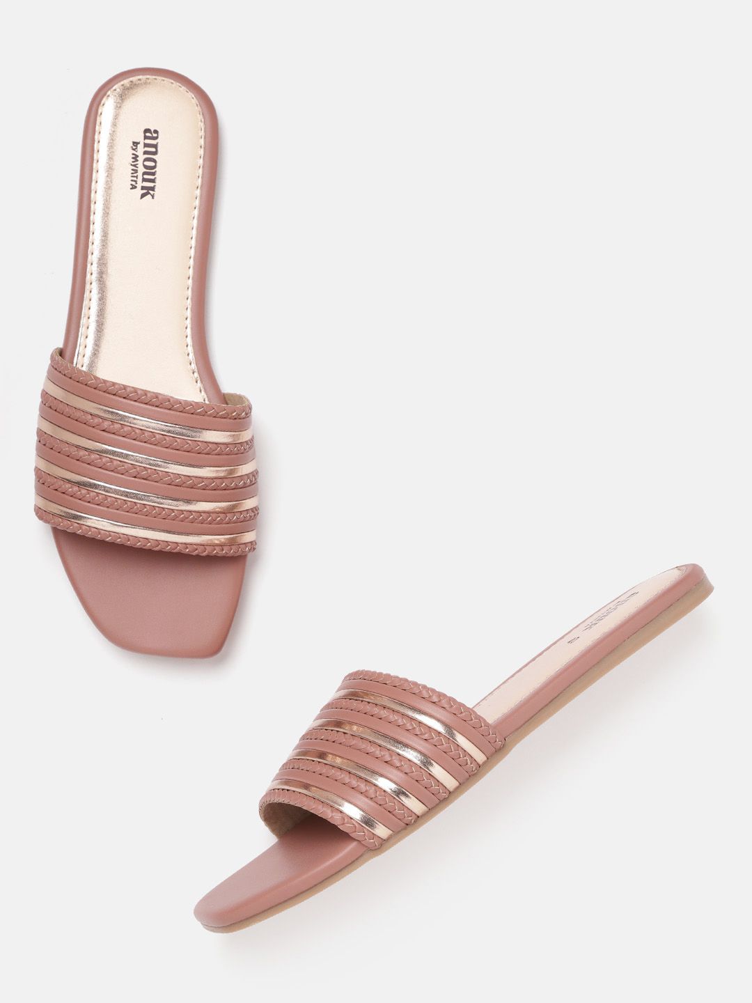 Anouk Women Rose Dusty Pink & Gold-Toned Braided Open Toe Flats Price in India