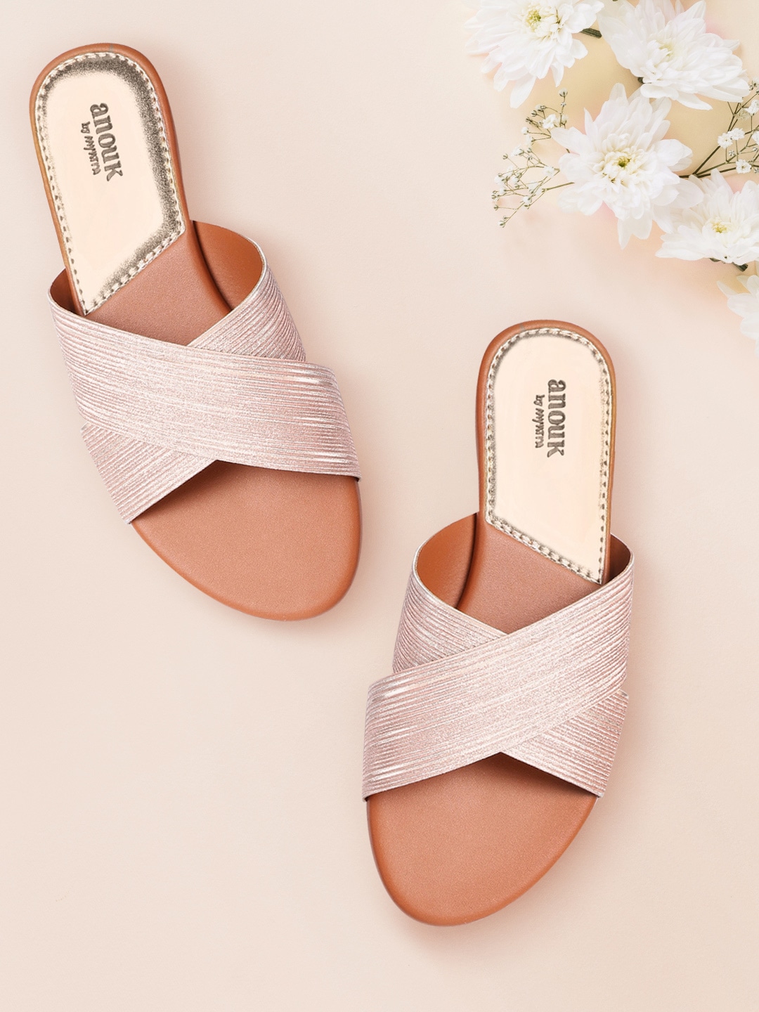 Anouk Women Rose Gold-Toned Crinkled Shimmer Criss-Cross Handcrafted Open Toe Flats Price in India