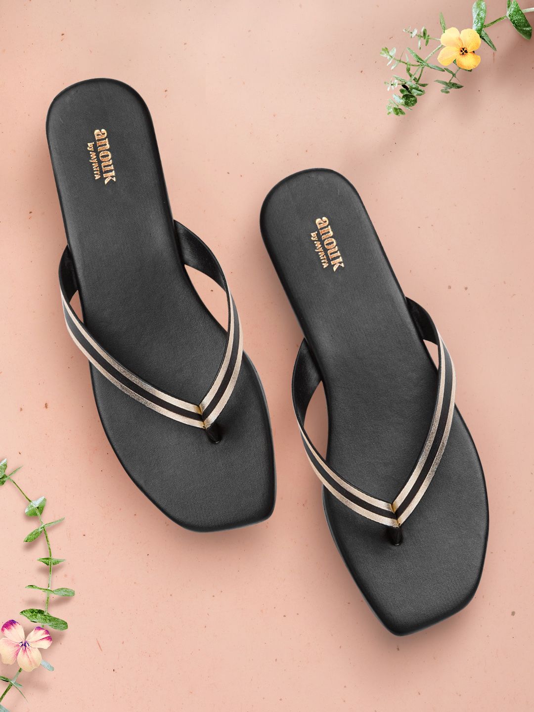 Anouk Women Gold-Toned & Black Striped Open Toe Flats Price in India
