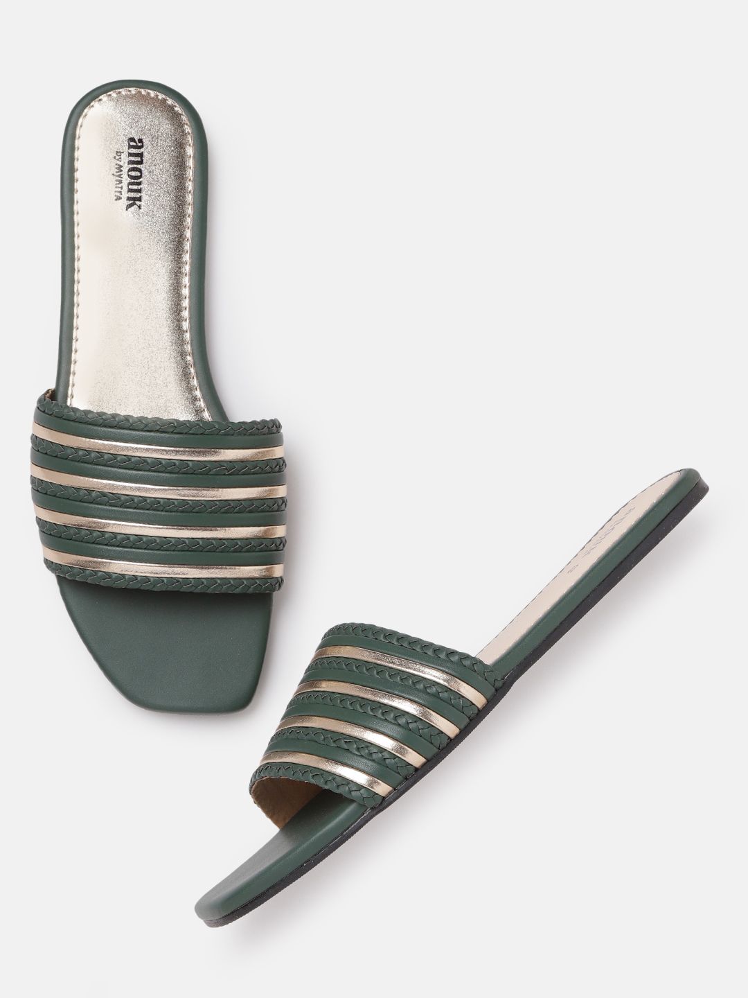 Anouk Women Green & Gold-Toned Braided Open Toe Flats Price in India