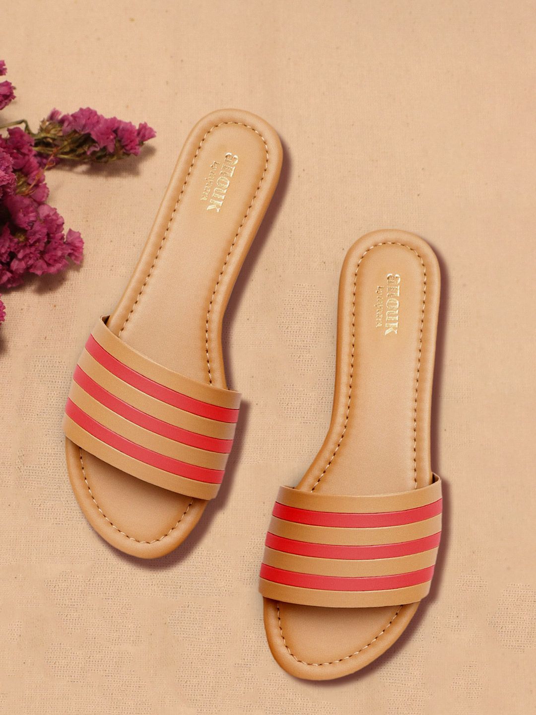 Anouk Women Beige & Red Striped Open Toe Flats Price in India