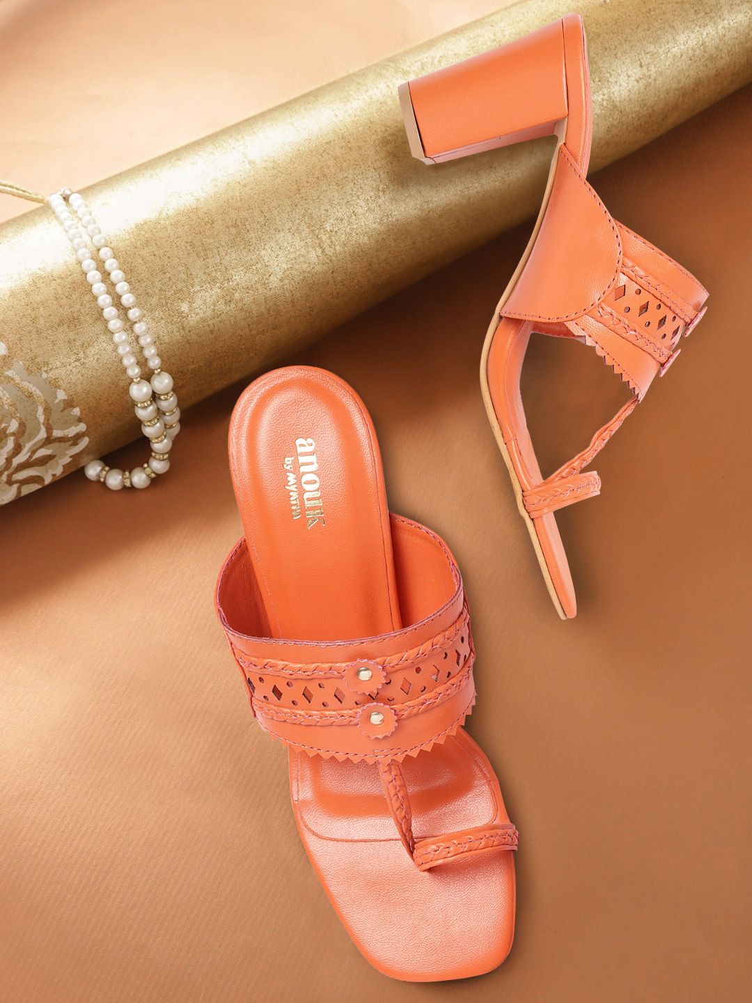 Anouk Orange Solid Block Sandals with Braided Design & Laser Cuts Price in India