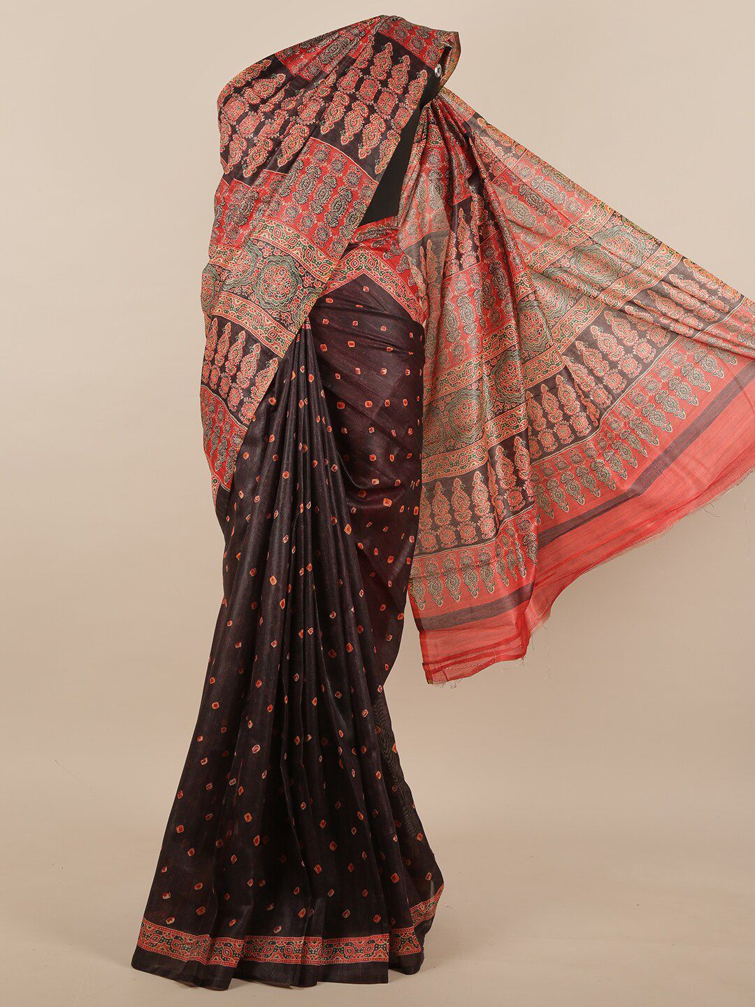 Pothys Black & Peach-Coloured Ethnic Motifs Printed Jute Silk Saree