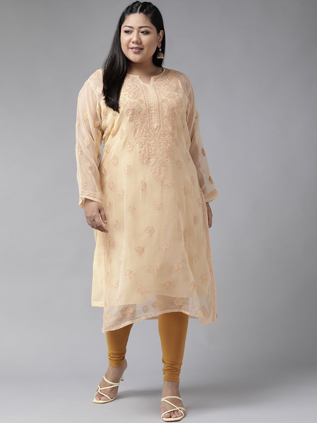 ADA Women Plus Size Beige Ethnic Motifs Chikankari Embroidered Kurta