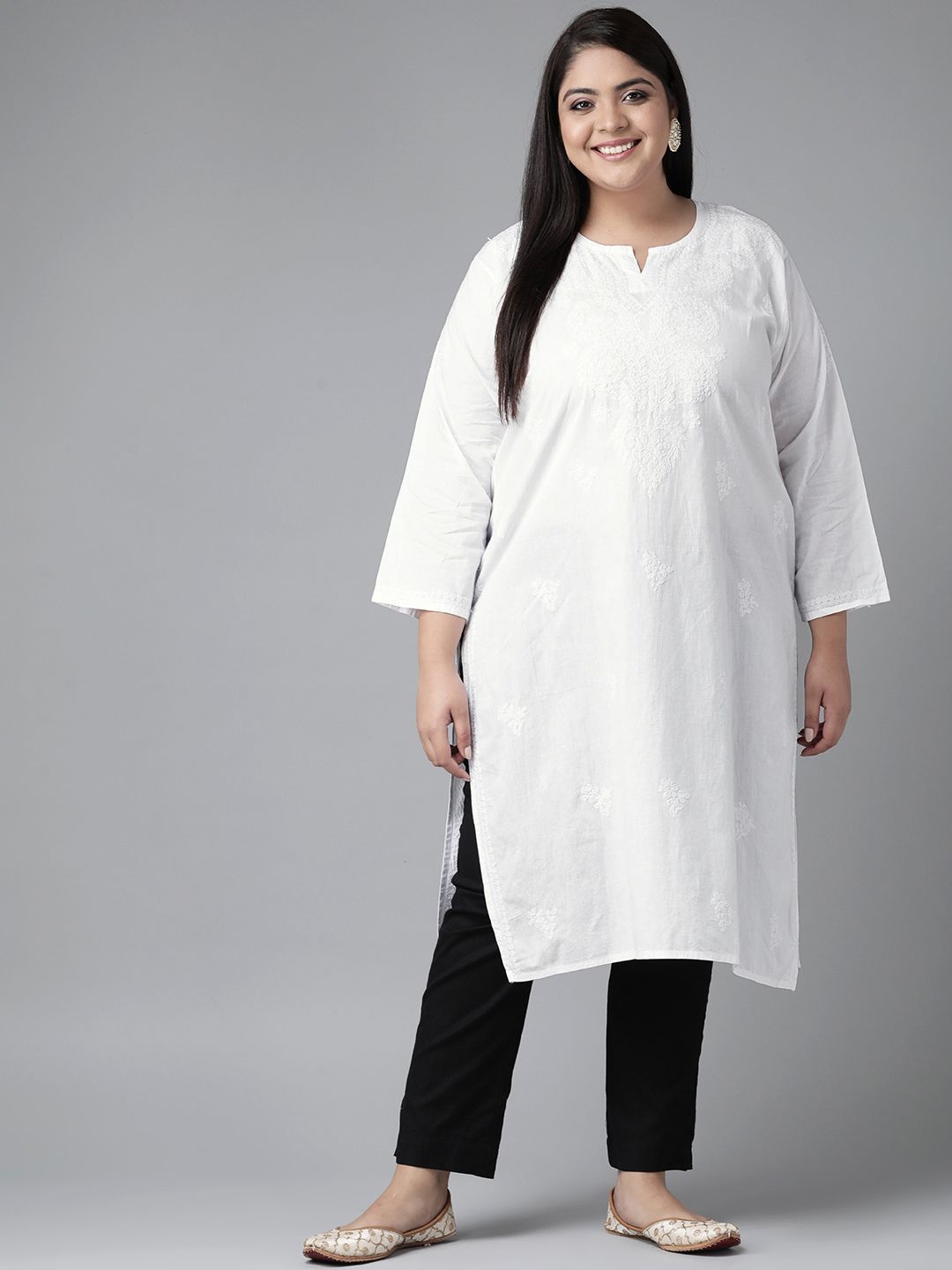 ADA Women Plus Size White Chikankari Embroidered Sustainable Kurta Price in India