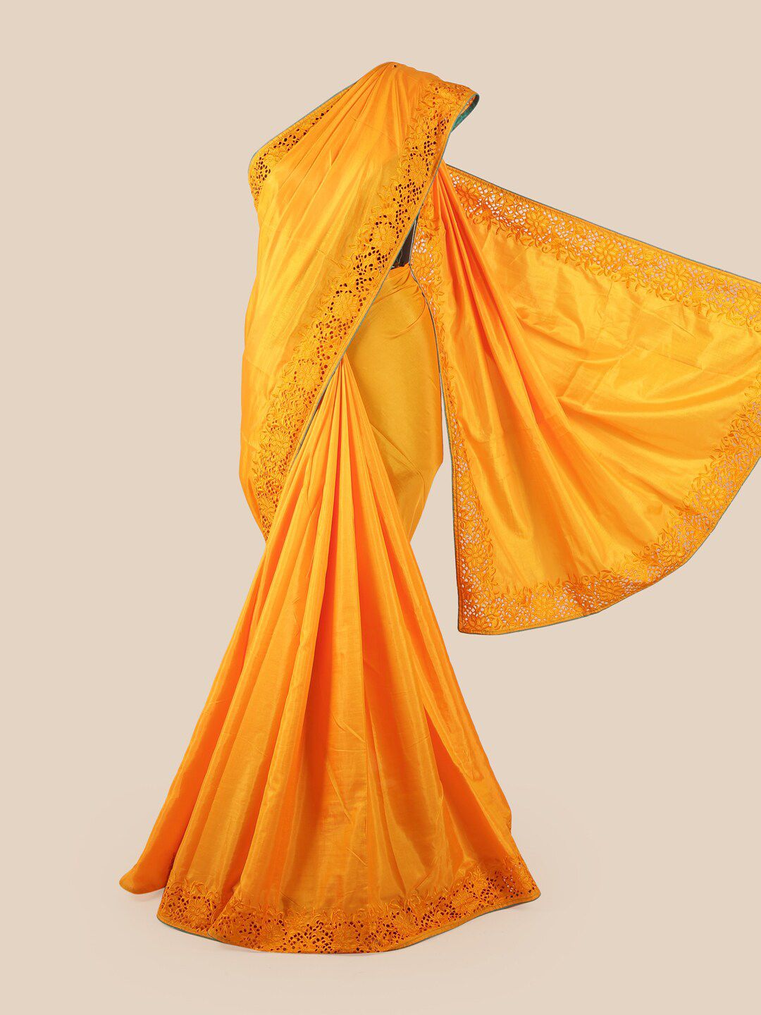 Pothys Yellow Embroidered Art Silk Saree