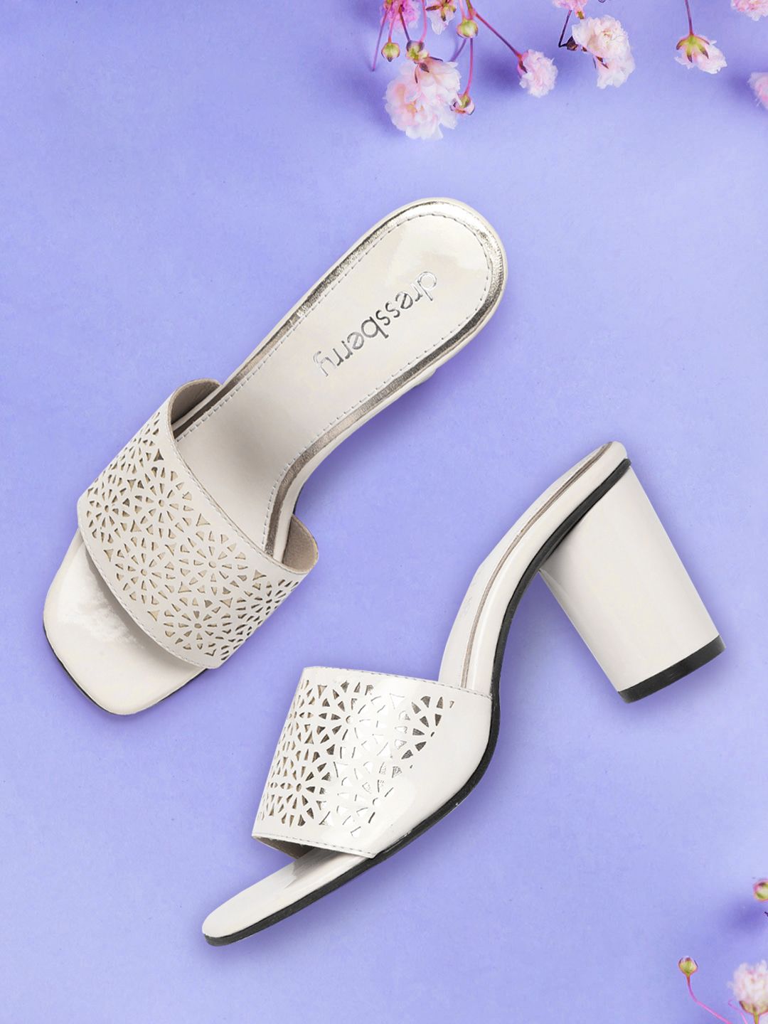 DressBerry White & Gold-Toned Laser Cut Block Heels Price in India
