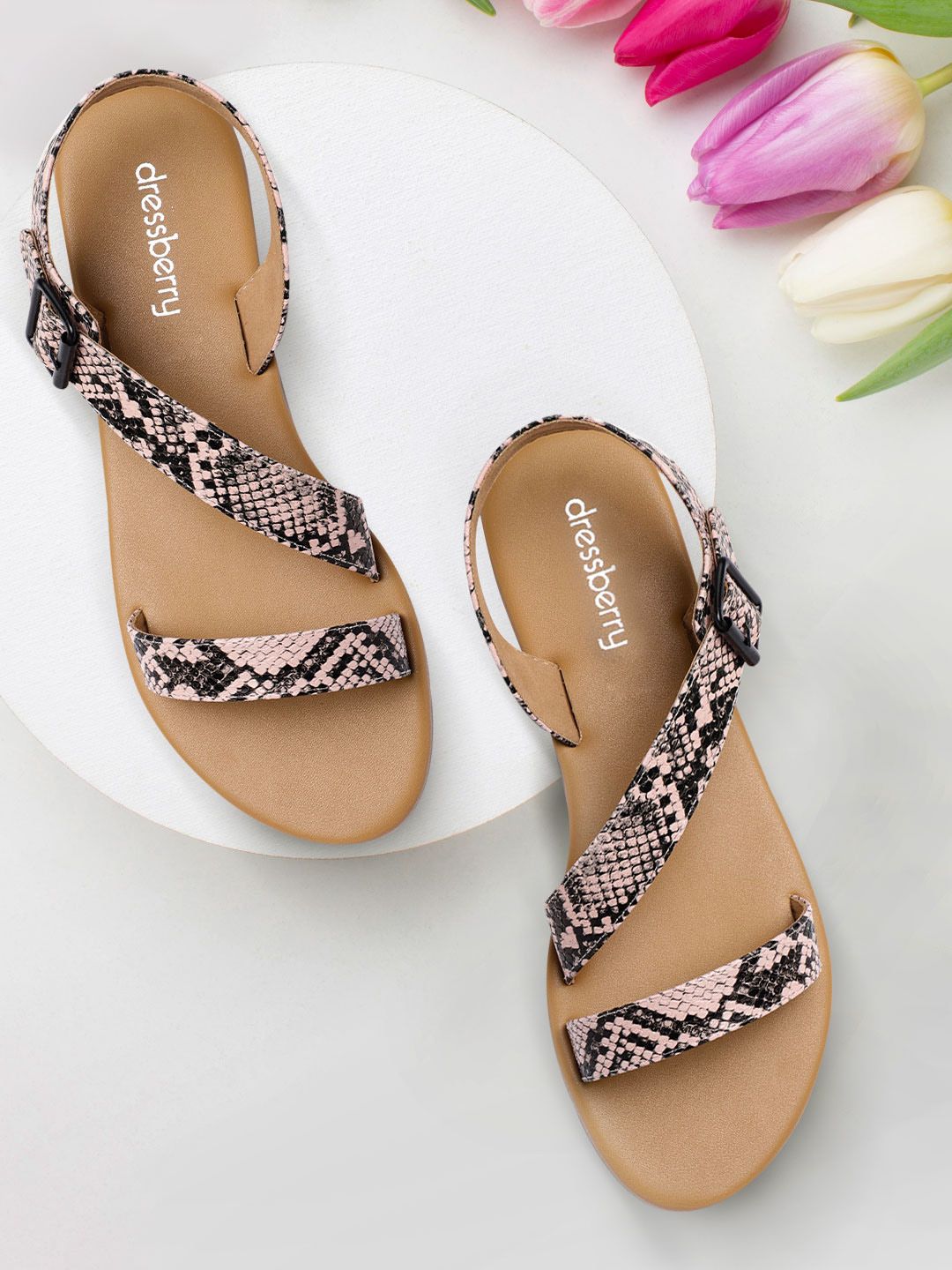 DressBerry Women Nude-Coloured & Black Textured Open Toe Flats Price in India