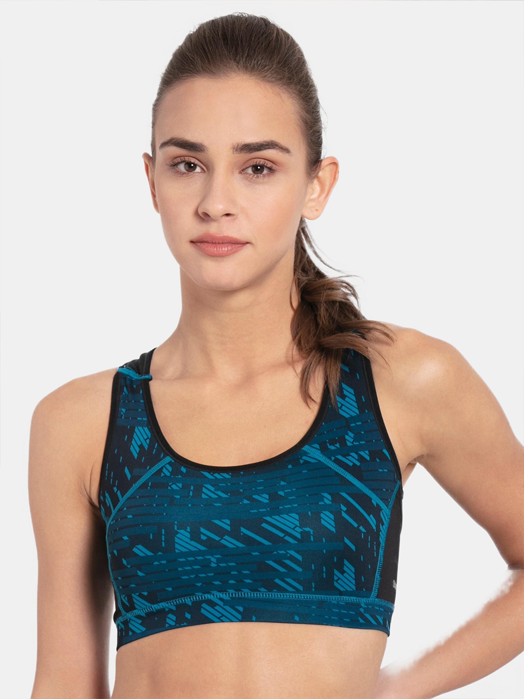 Jockey Women Black & Blue Abstract Print Workout Bra - Medium Support Anti Microbial Price in India