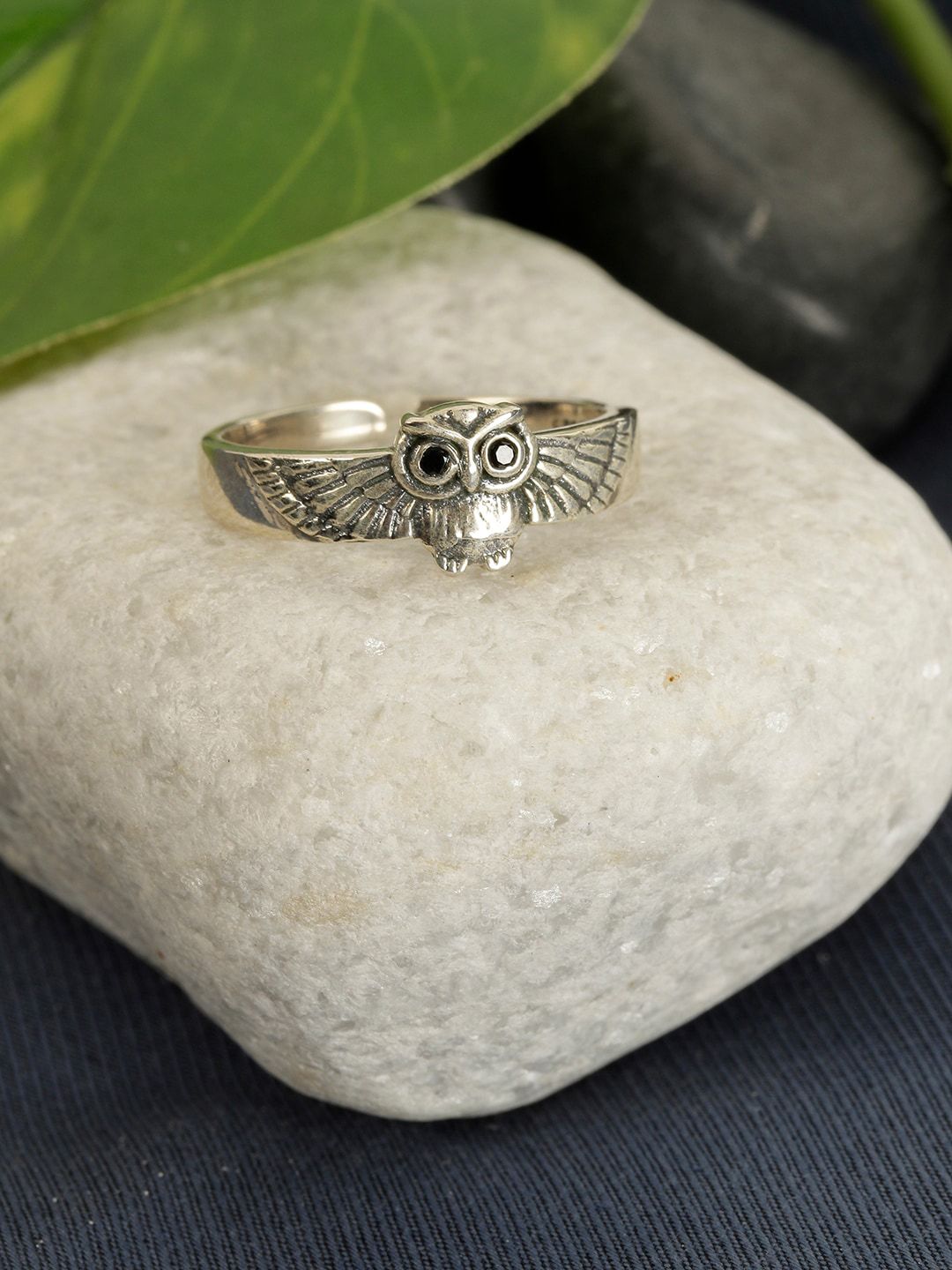 GIVA 925 Oxidised Black CZ-Studded Soaring Owl-Shaped Adjustable Finger Ring Price in India