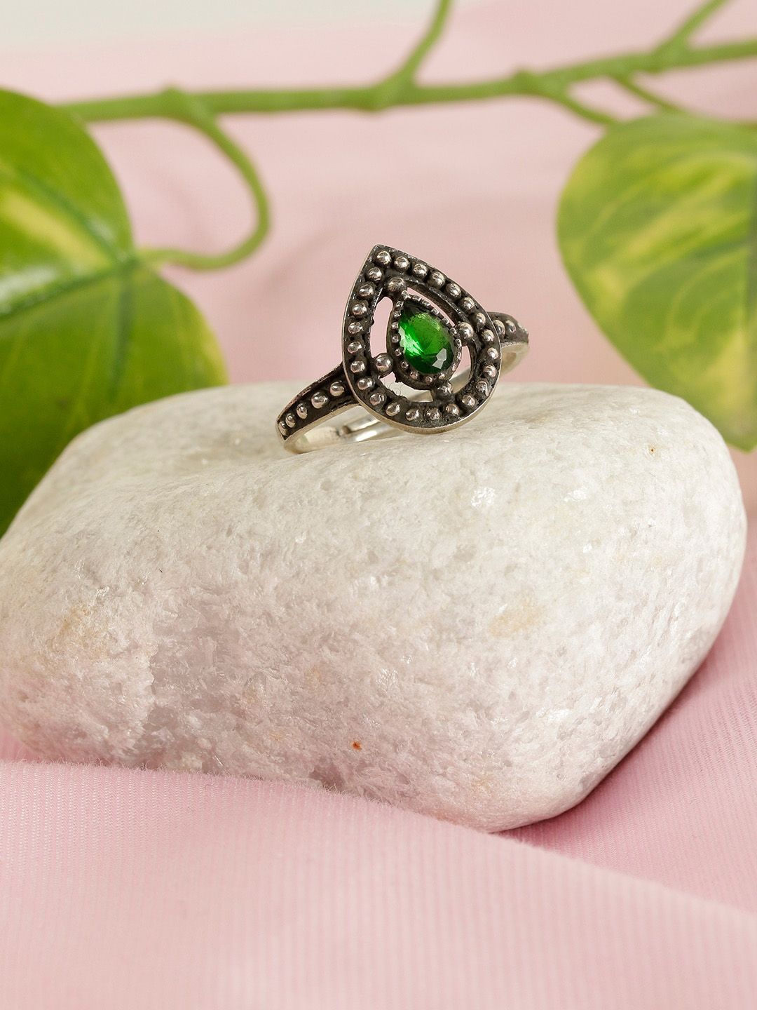 GIVA 925 Oxidised Silver-Toned & Green CZ-Studded Drop Shaped Adjustable Finger Ring Price in India