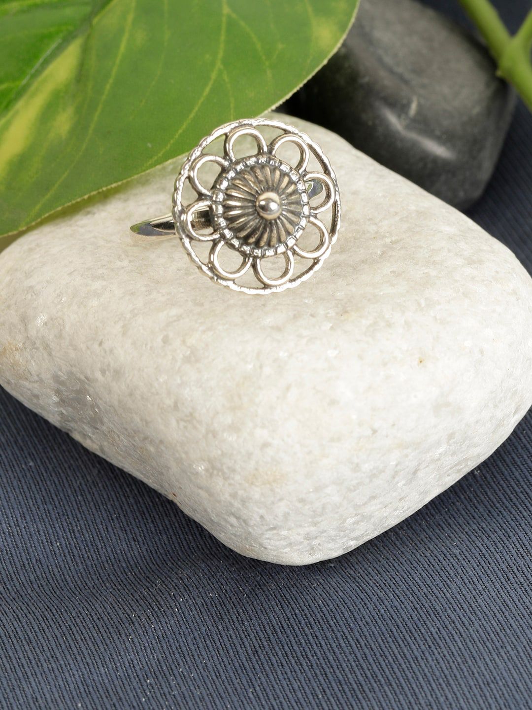 AVNI by GIVA 925 Oxidised Silver Flower Blossom Adjustable Ring Price in India