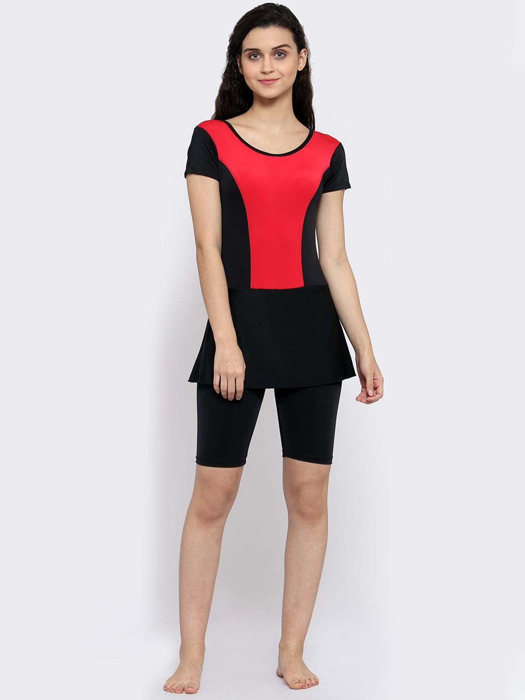 CUKOO Women Red & Black Colourblocked Comfort-Fit Swimming Dress With Attached Shorts Price in India
