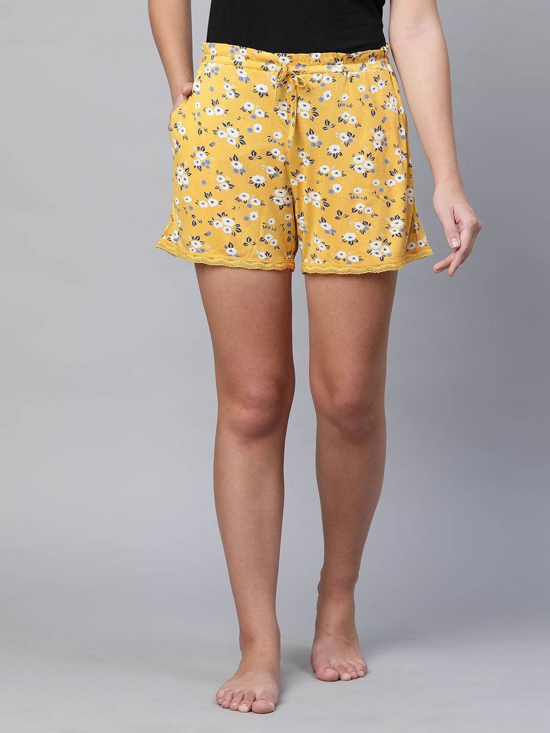 Chemistry Women Yellow Printed Lounge Shorts Price in India