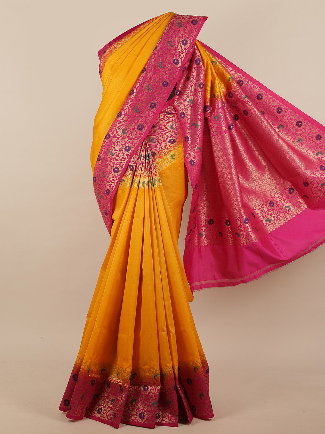 Pothys Yellow & Pink Jute Silk Saree