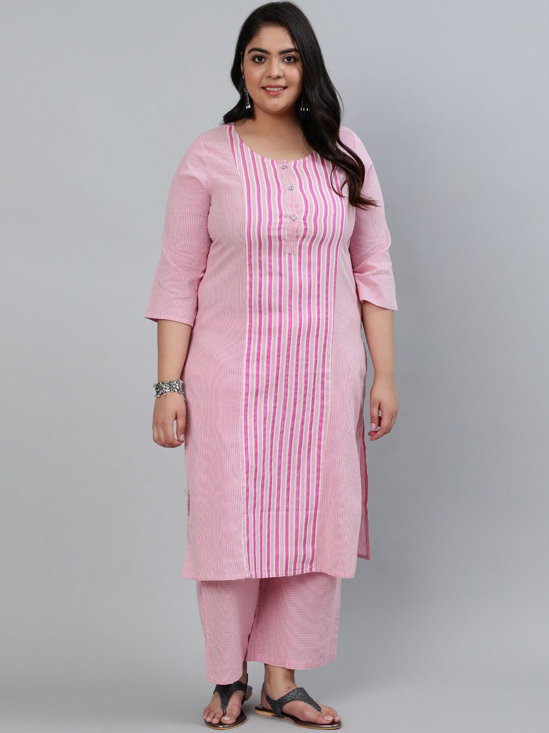 Jaipur Kurti Women Pink Straight Printed Kurta with Palazzos Price in India