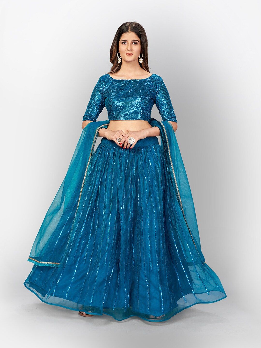 SHOPGARB Blue Embellished Sequinned Semi-Stitched Lehenga & Unstitched Blouse With Dupatta Price in India