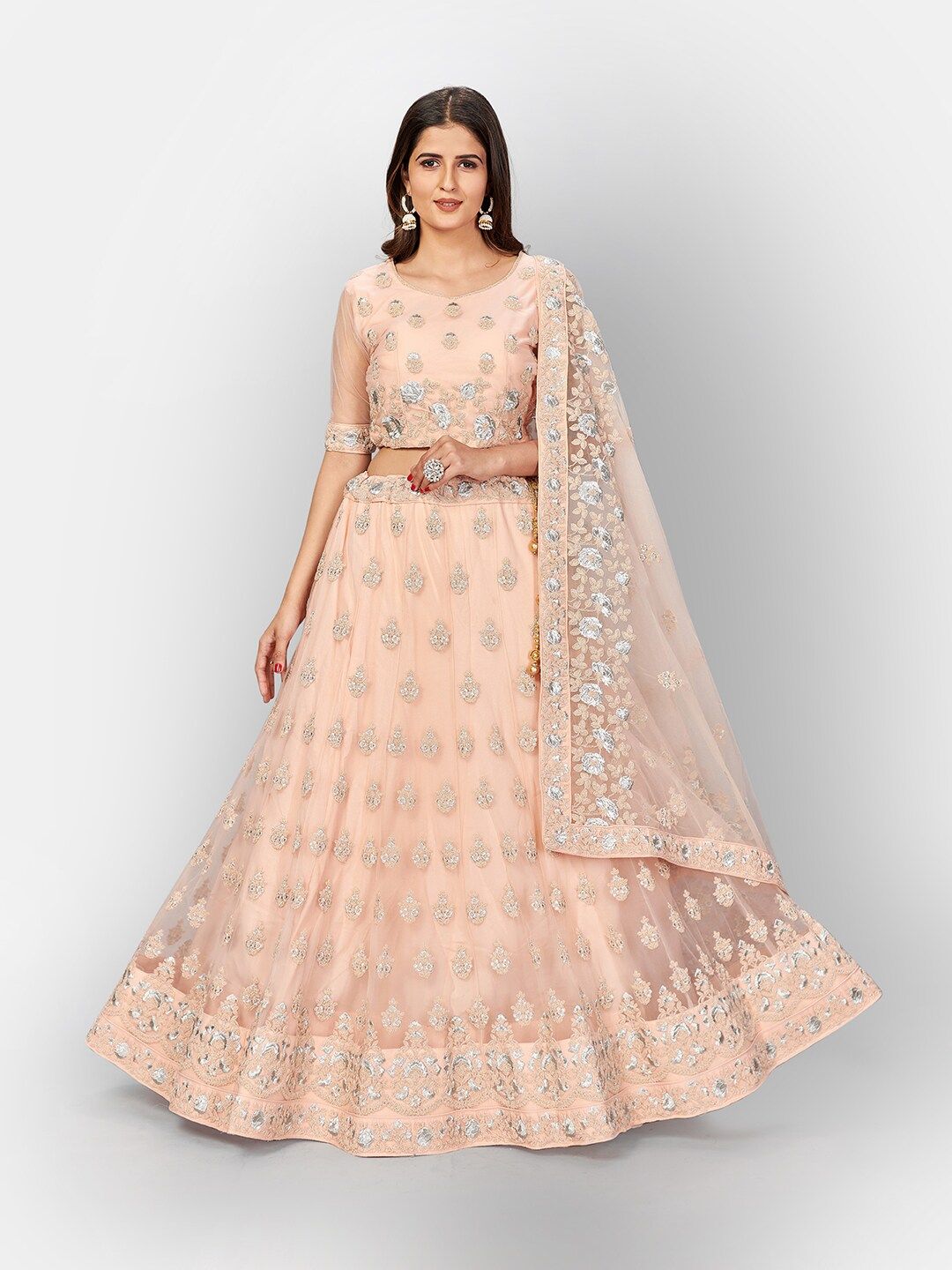 SHOPGARB Peach-Coloured & Silver-Toned Embroidered Thread Work Semi-Stitched Lehenga & Unstitched Blouse Price in India