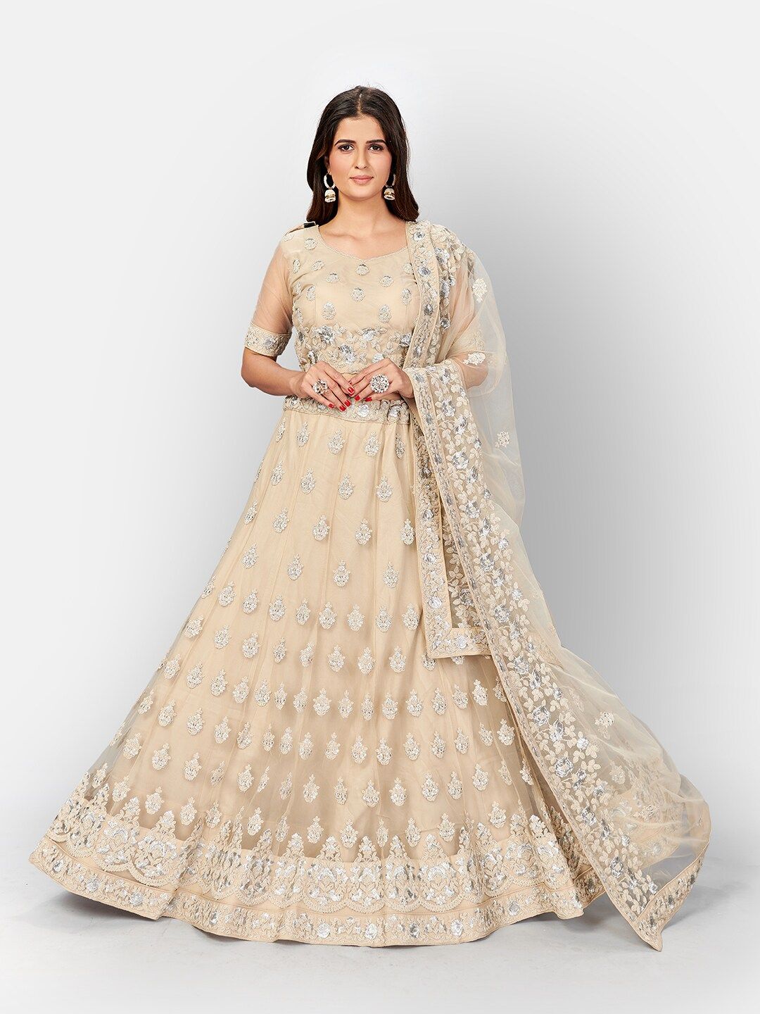 SHOPGARB Beige & Silver-Toned Embroidered Thread Work Semi-Stitched Lehenga & Unstitched Blouse With Dupatta Price in India