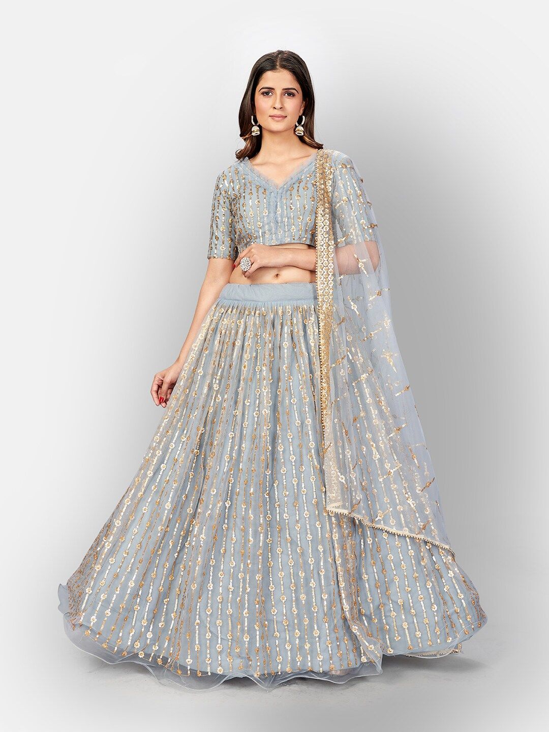 SHOPGARB Grey & Gold-Toned Embellished Sequinned Semi-Stitched Lehenga & Unstitched Blouse With Dupatta Price in India