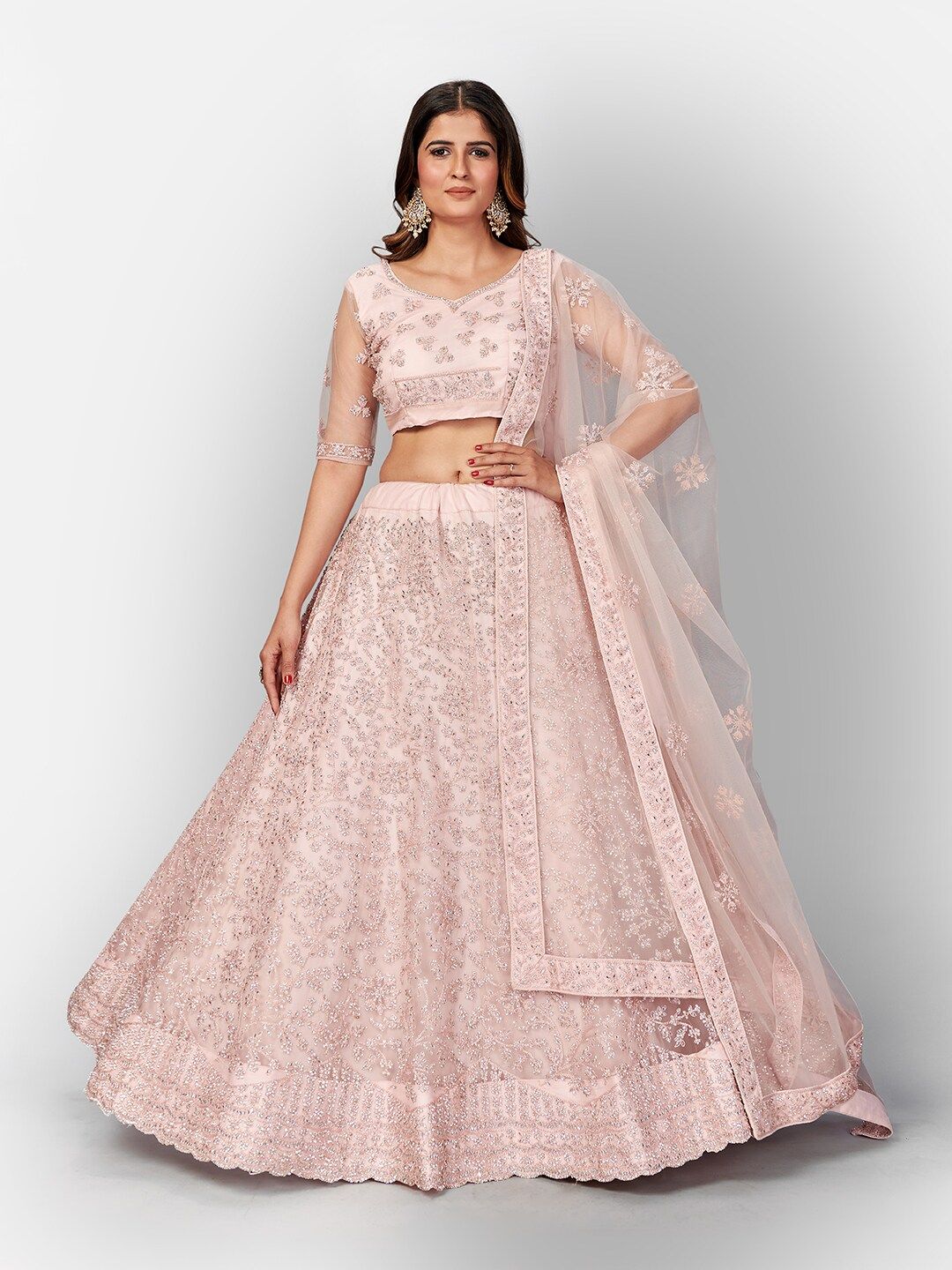 SHOPGARB Pink Embellished Beads and Stones Semi-Stitched Lehenga & Unstitched Blouse With Dupatta