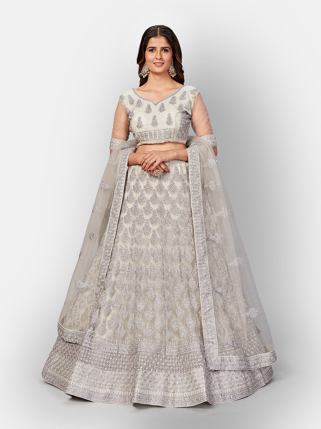SHOPGARB Grey & White Embellished Beads and Stones Semi-Stitched Lehenga & Unstitched Blouse With Dupatta Price in India