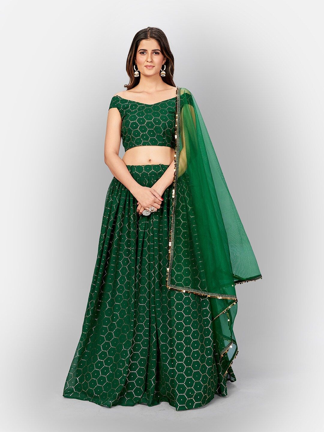 SHOPGARB Green & Gold-Toned Embellished Mukaish Semi-Stitched Lehenga & Unstitched Blouse With Dupatta