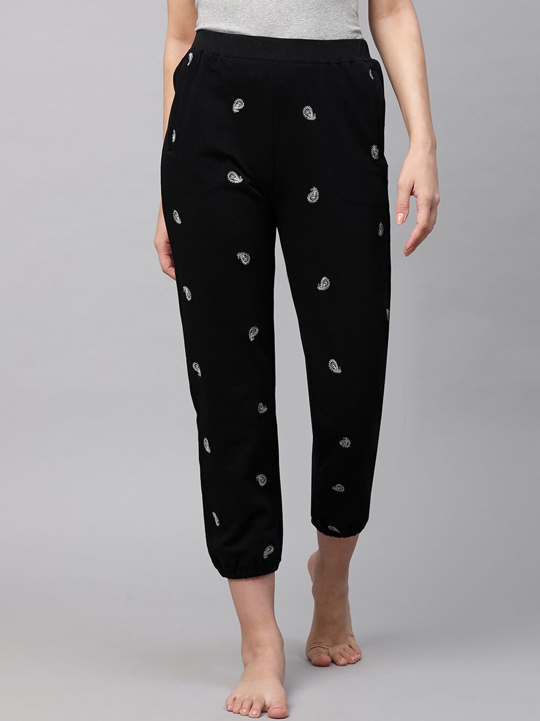 Chemistry Women Black Embroidered French Terry Joggers Price in India
