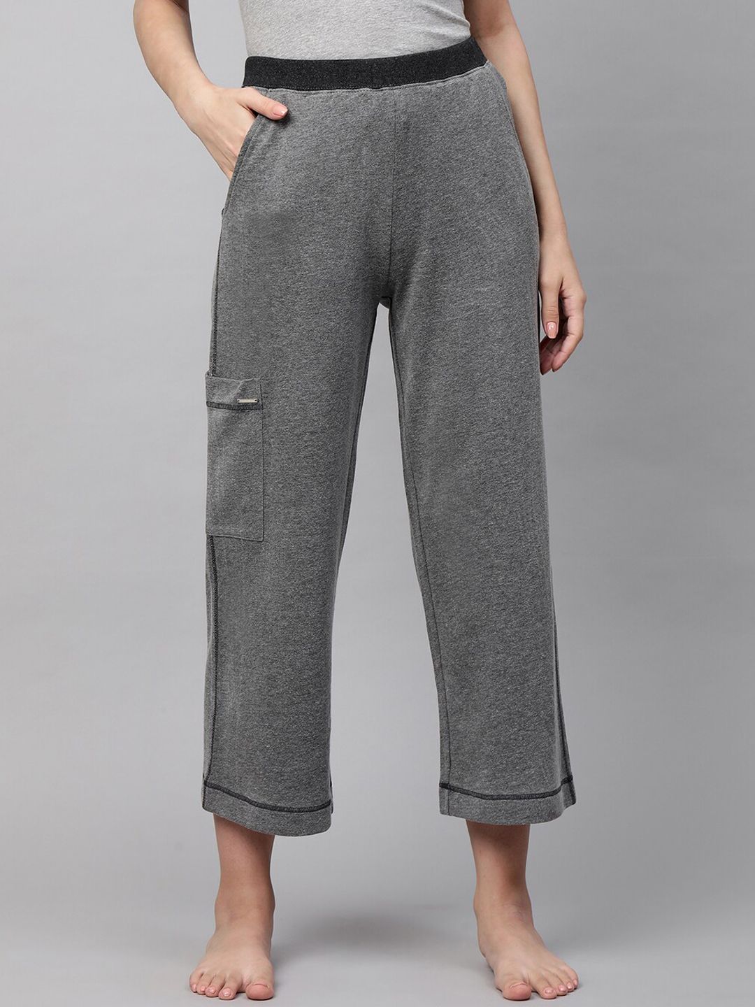 CHEMISTRY Women Grey Melange & Black Solid Loose fit Cotton Trousers Price in India