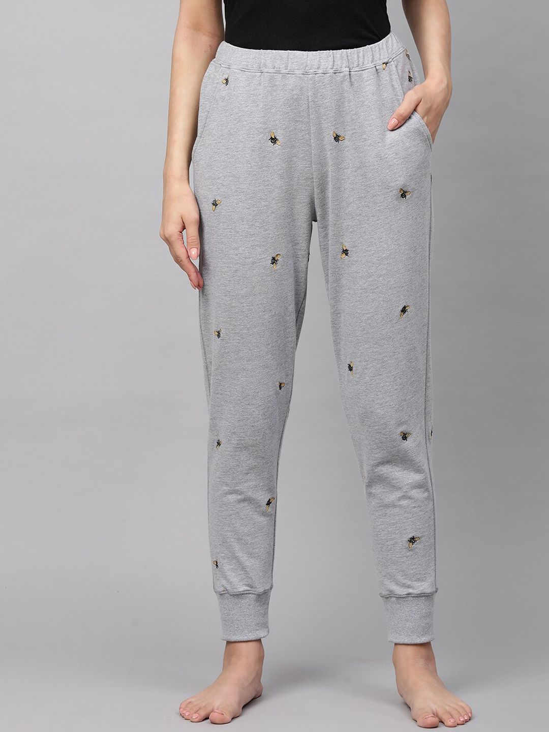 CHEMISTRY Women Grey Melange Printed Loose Fit Cotton Joggers Price in India