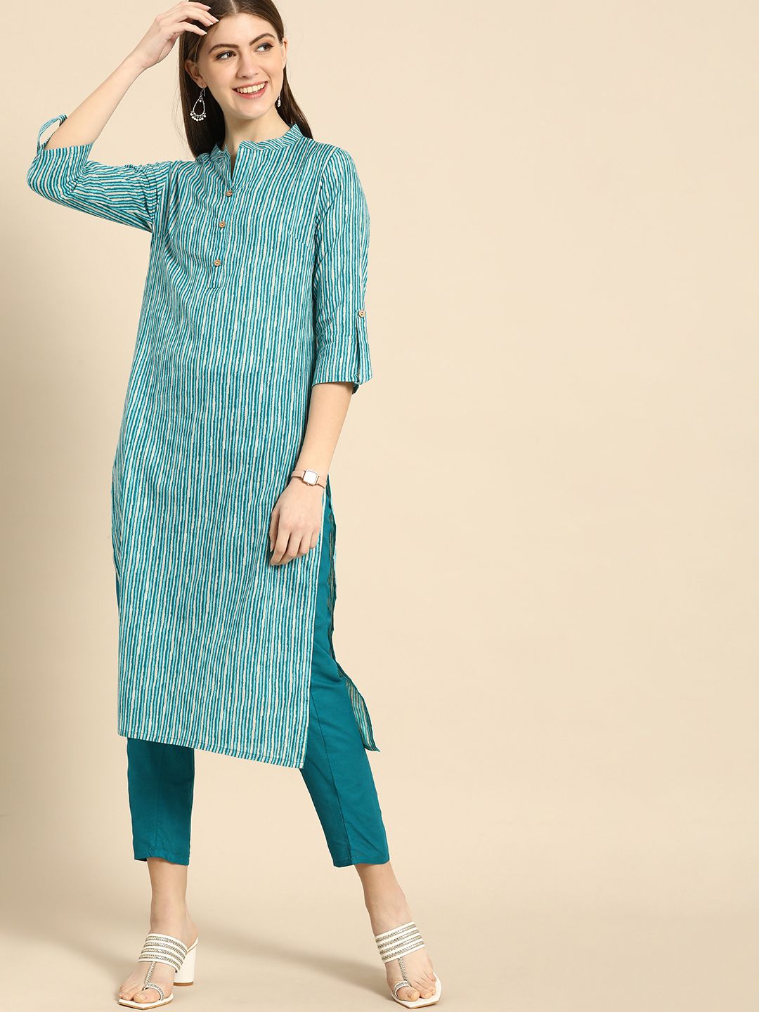 Anouk Women Blue & Beige Striped Pure Cotton Kurta with Trousers Price in India