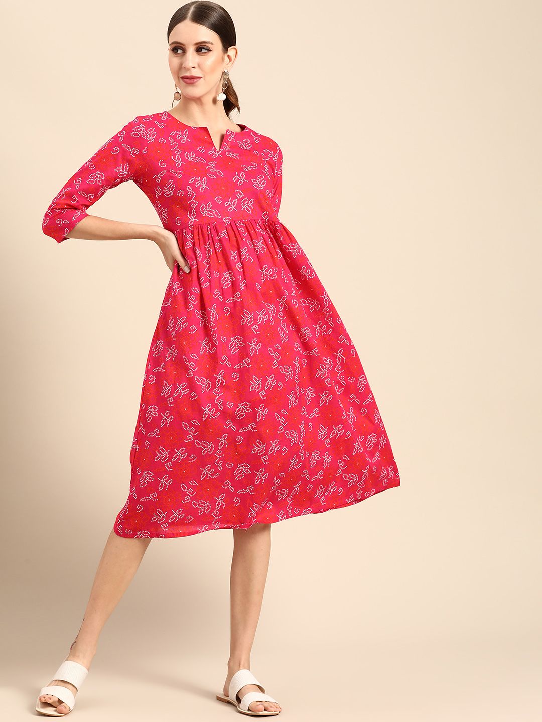 Anouk Women Pink & White Ethnic Motifs Print Pure Cotton A-Line Midi Dress Price in India