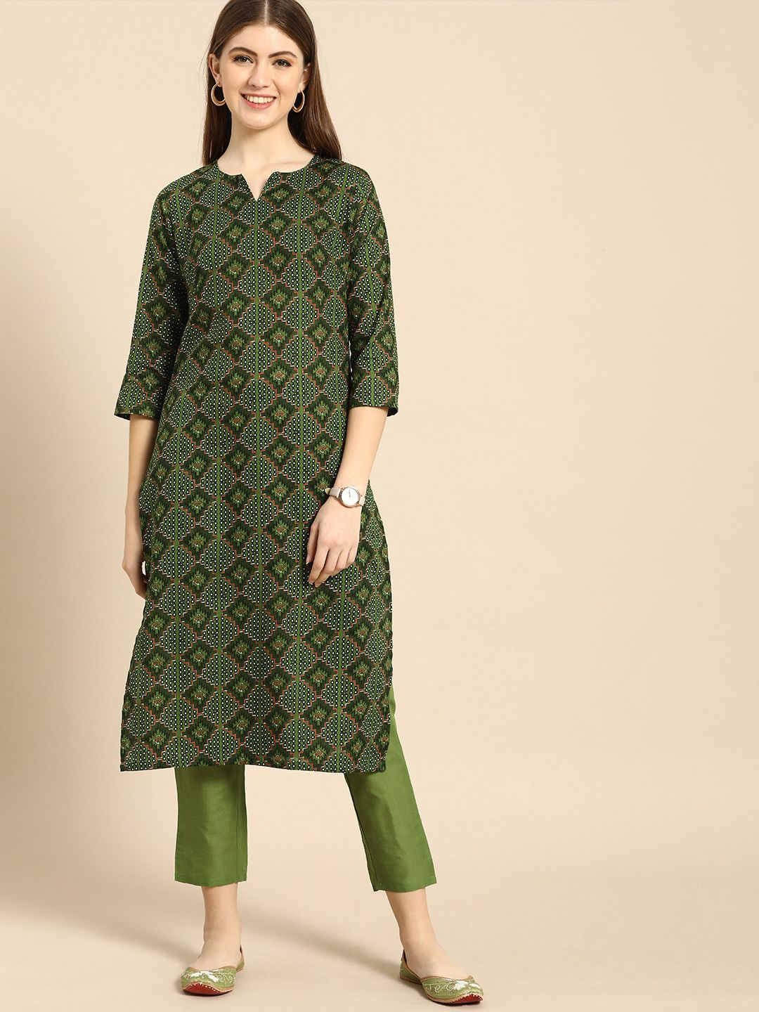 Anouk Women Olive Green Printed Pure Cotton Kurta with Trousers Price in India