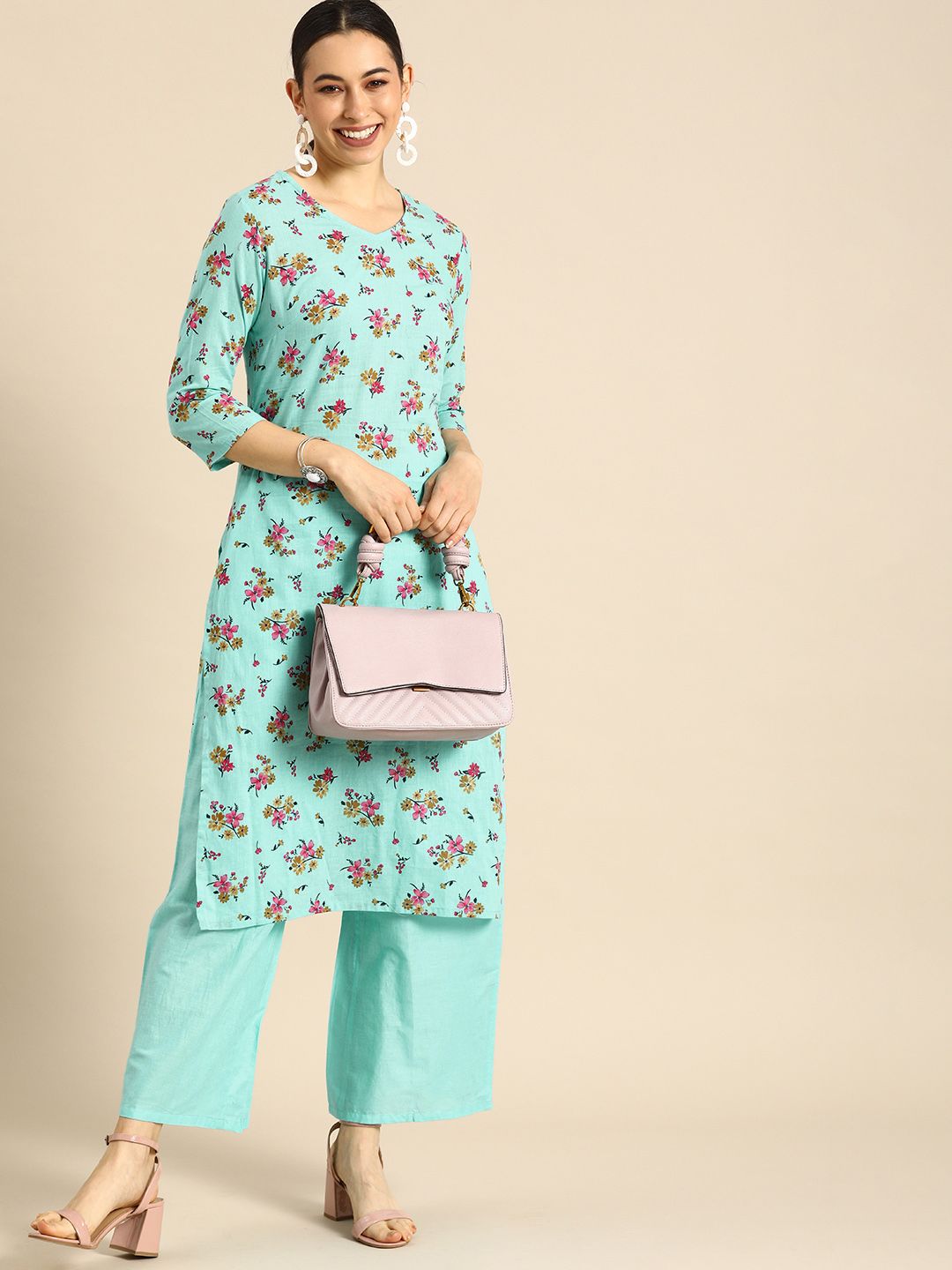 Anouk Women Blue Floral Printed Regular Pure Cotton Kurta with Solid Palazzos Price in India