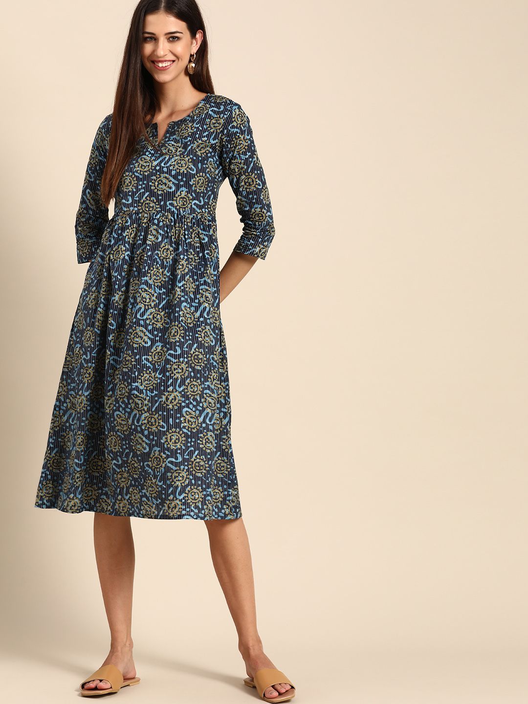 Anouk Women Navy Blue & Beige Ethnic Motifs Print Pure Cotton A-Line Midi Dress Price in India